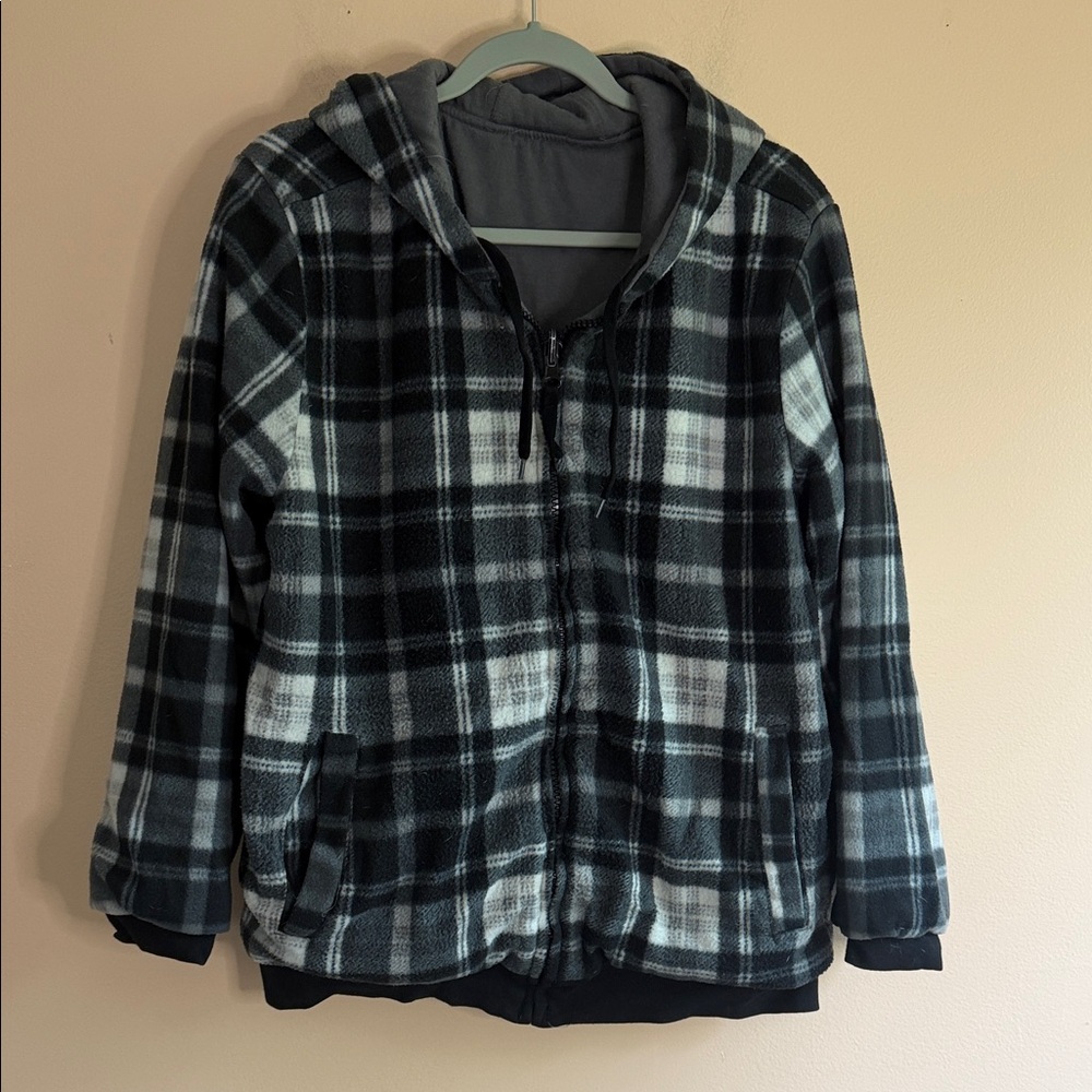 Men's Black & Gray Plaid Lightweight Reversible Hooded Shirt Jacket